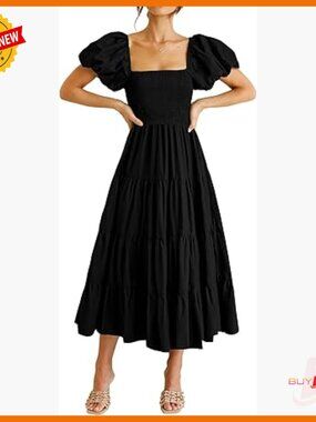 Women's Casual Midi Dress Puffy Sleeve Square Neck Smocked Tiered Ruffle